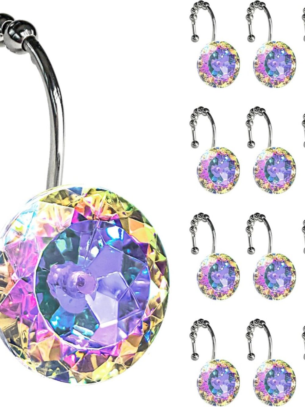Round Rhinestone Shower Curtain Hooks with Glide Balls, 12 Pack